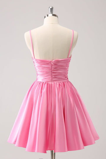 Pink A-Line Spaghetti Straps Pleated Cocktail Dress with Keyhole